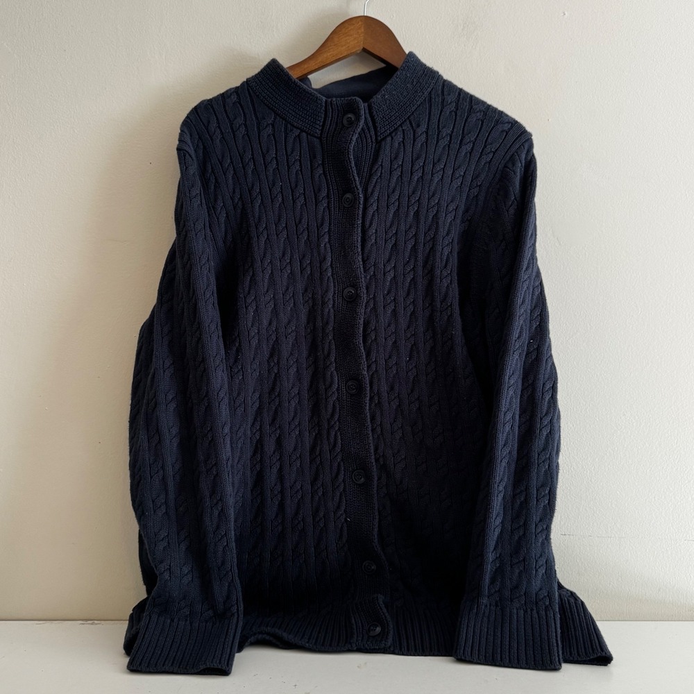 L.L Bean Women's 3X Navy Blue Cable Knit Cardigan Mock Neck 100% Cotton